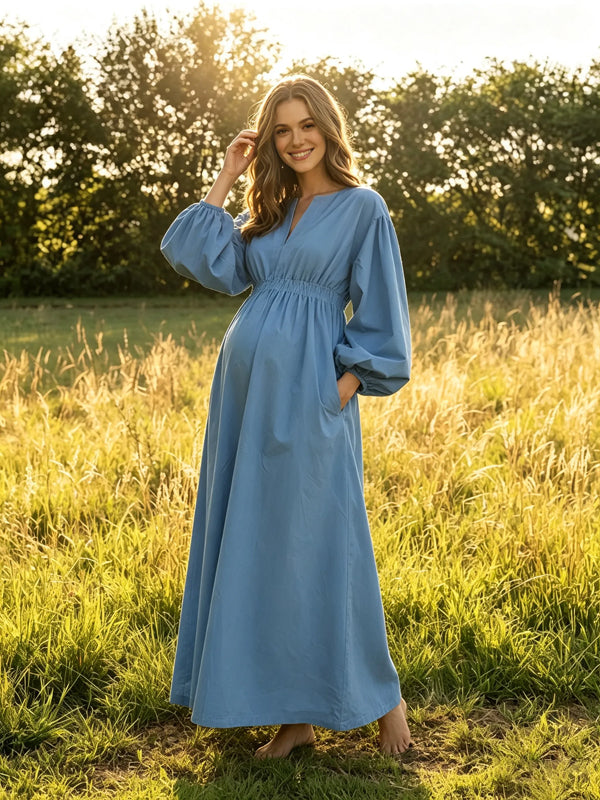 Blue Solid-Color Maternity Maxi Dress with V-Neck and Pockets