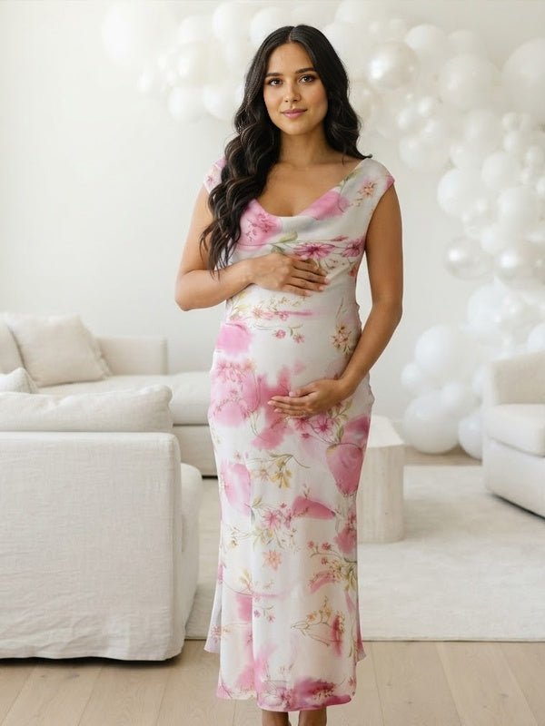 Momyknows Print Off Shoulder Grenadine Backless Maternity Baby Shower Maxi Dress - White - 5