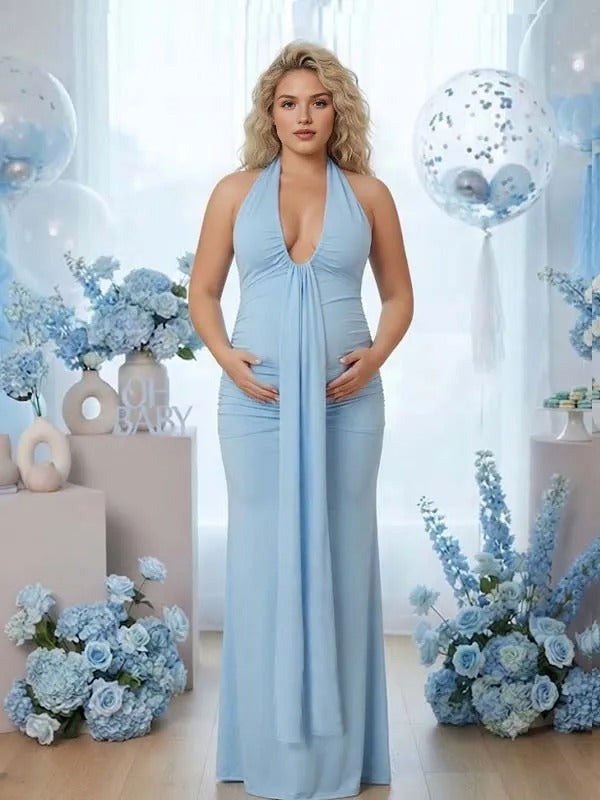 Momyknows Blue Lace-up Deep V-Neck Backless Ruffle Halter Neck Maternity Baby Shower Maxi Dress