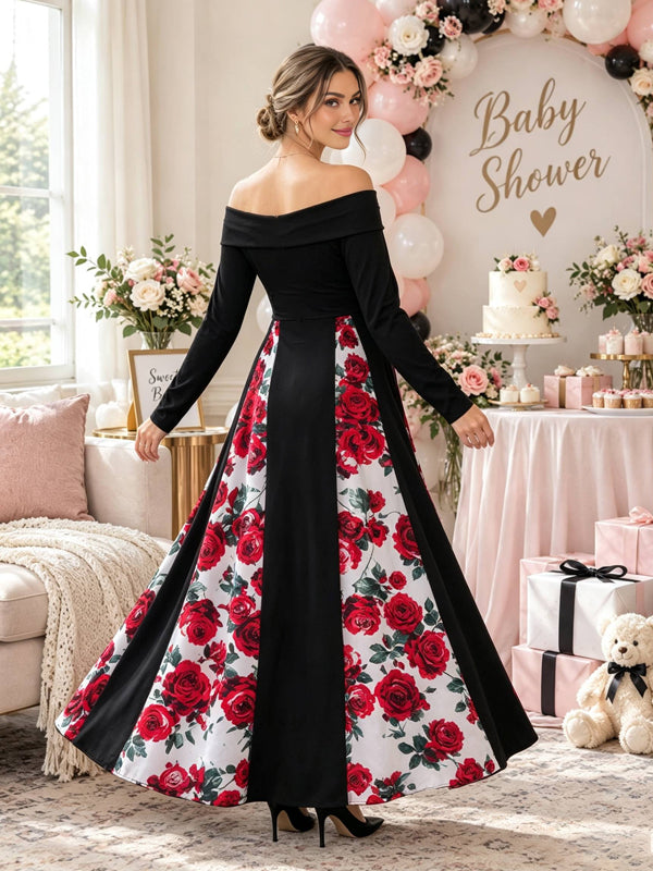 Black Printed-Panel Maternity Maxi Dress with Elegant Off-the-Shoulder Silhouette