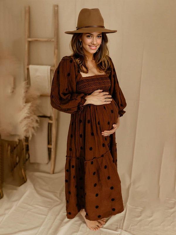 Momyknows Sun Flowers Square Smocked Neck Puff Sleeve Big Swing Flowy Baby Shower Photoshoot Maternity Maxi Dress Dark Brown / S Momyknows Sun Flowers Square Smocked Neck Puff Sleeve Big Swing Flowy Baby Shower Photoshoot Maternity Maxi Dress Dark Brown / S