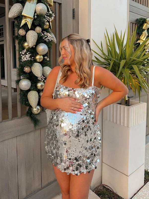 Momyknows Silver Condole Belt Sequin Maternity Mini Dresses