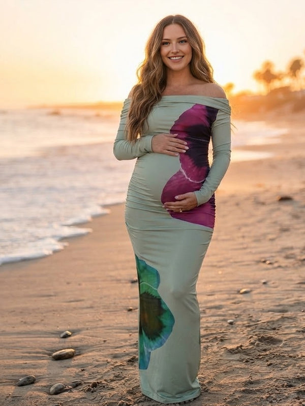 Green Off Shoulder Maternity Maxi Dress with Print Detail and Backless Design