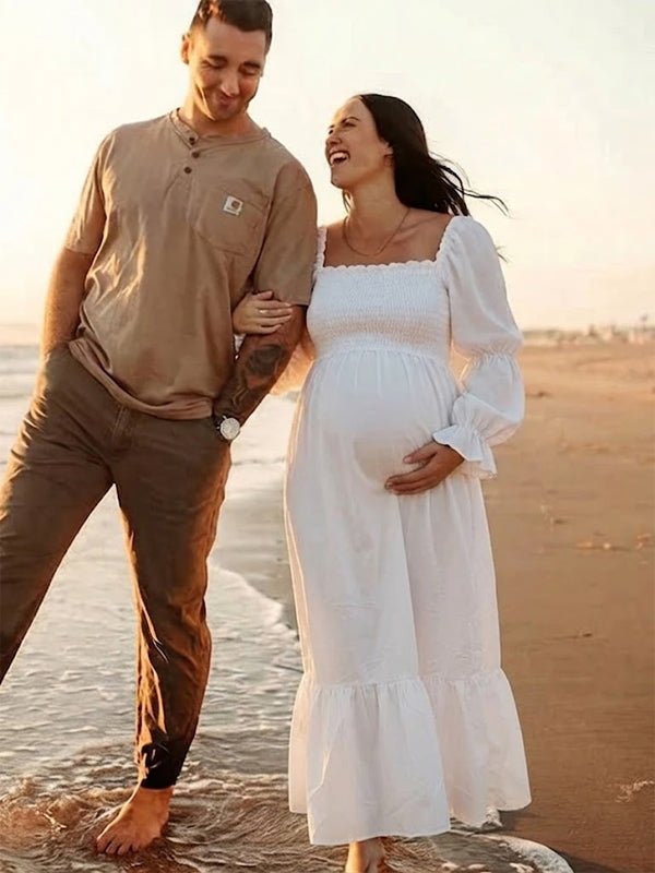 Momyknows White Ruffle Ruched High Waist Puff Sleeve Cute Photoshoot Maternity Maxi Dress, White / L