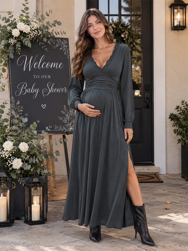 Grey Lace Maternity Maxi Dress with Side Slit and Elegant Fit, Baby Shower Occasion