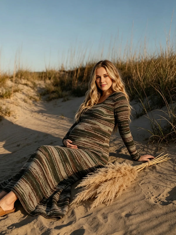 Green Maternity Maxi Dress with Striped Pattern and Side Slit Design