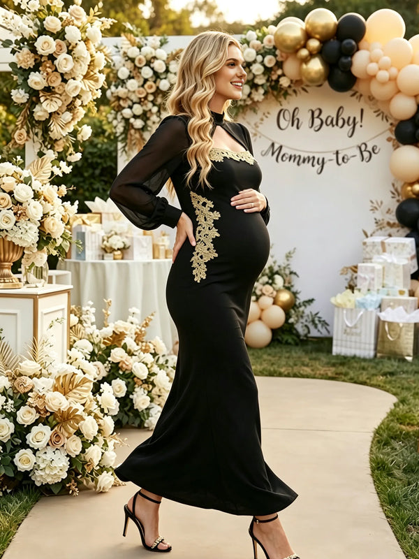 Black Embroidered Tulle Plus Size Maternity Dress with Bodycon Silhouette