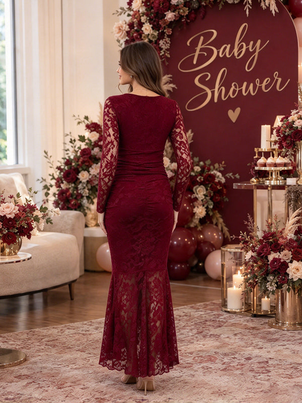 Wine Red Maternity Maxi Dress with Lace Details and Elegant Ruffle Design