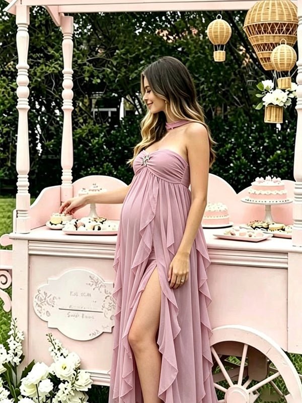 Momyknows Pink Sleeveless Boat Neck Draped Halter Neck Backless Thigh High Side Slits Baby Shower Maternity Maxi Dress - Pink - 3