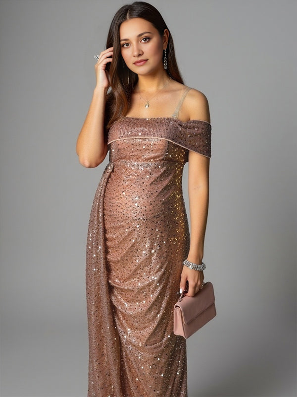 Momyknows Sparkly Sequin Off Shoulder Side Slit Draped Evening Gown Maternity Photoshoot Elegant Baby Shower Party Maxi Dress Reddish Brown / S Momyknows Sparkly Sequin Off Shoulder Side Slit Draped Evening Gown Maternity Photoshoot Elegant Baby Shower Party Maxi Dress Reddish Brown / S