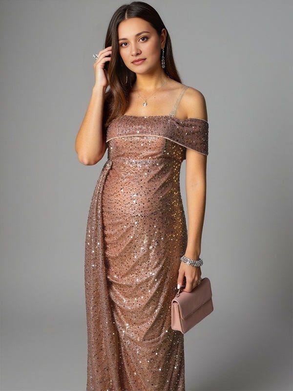 Momyknows Sparkly Sequin Off Shoulder Side Slit Draped Evening Gown Maternity Photoshoot Elegant Baby Shower Party Maxi Dress