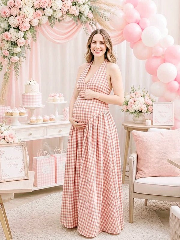 Momyknows Halter Neck open back Flannel Dress Maternity Baby Shower Maxi Dress - Pink - 4