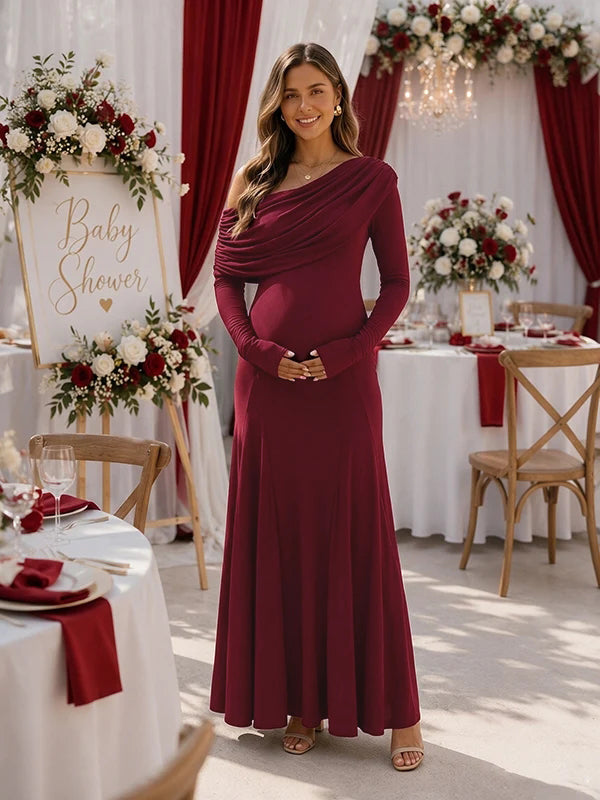 Elegant Oblique Shoulder Ruched Flowy Baby Shower Maternity Maxi Dress