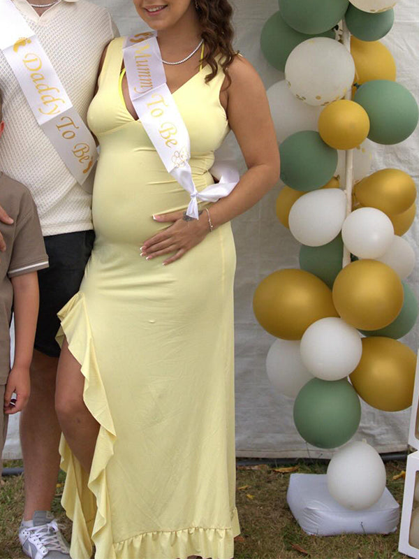 Momyknows Yellow Ruffle Side Slit Flowy V-neck Bodycon Cute Baby Shower Maternity Maxi Dress Yellow / S Momyknows Yellow Ruffle Side Slit Flowy V-neck Bodycon Cute Baby Shower Maternity Maxi Dress Yellow / S