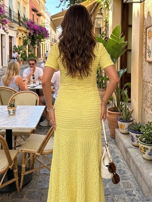 Momyknows Chic Daily Crochet Bodycon Mermaid Single Breasted Vacation Maternity Maxi Dress - Yellow - 3