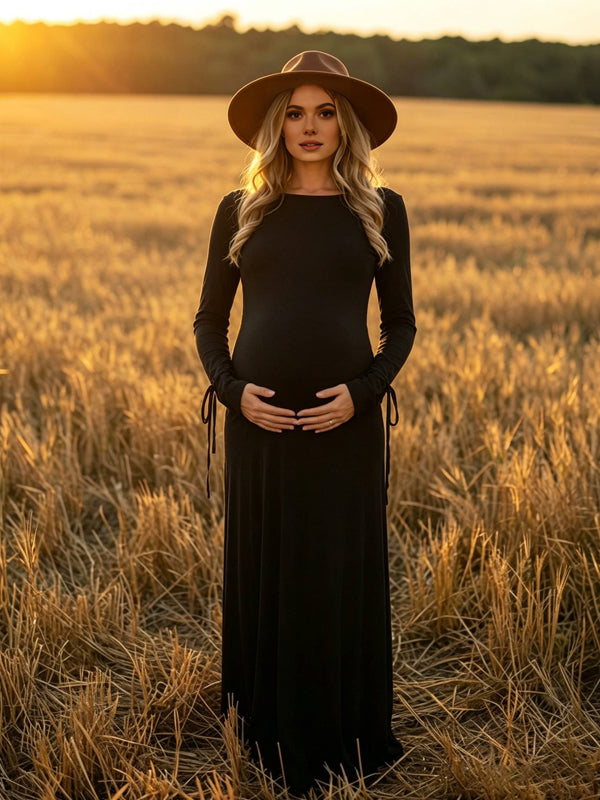 Black Backless Maternity Dress with Tie-Back Detail and Fitted Silhouette
