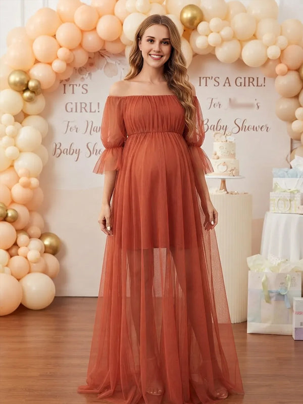 Red Off-the-Shoulder Maternity Dress with Double-Layered Grenadine Fabric and Flowy Silhouette, Baby Shower