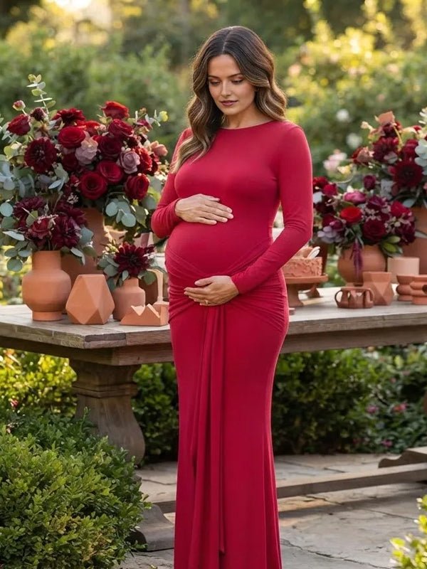 Momyknows Red Ruched Lace Up Bodycon Maternity Baby Shower Maxi Dress - Red - 2