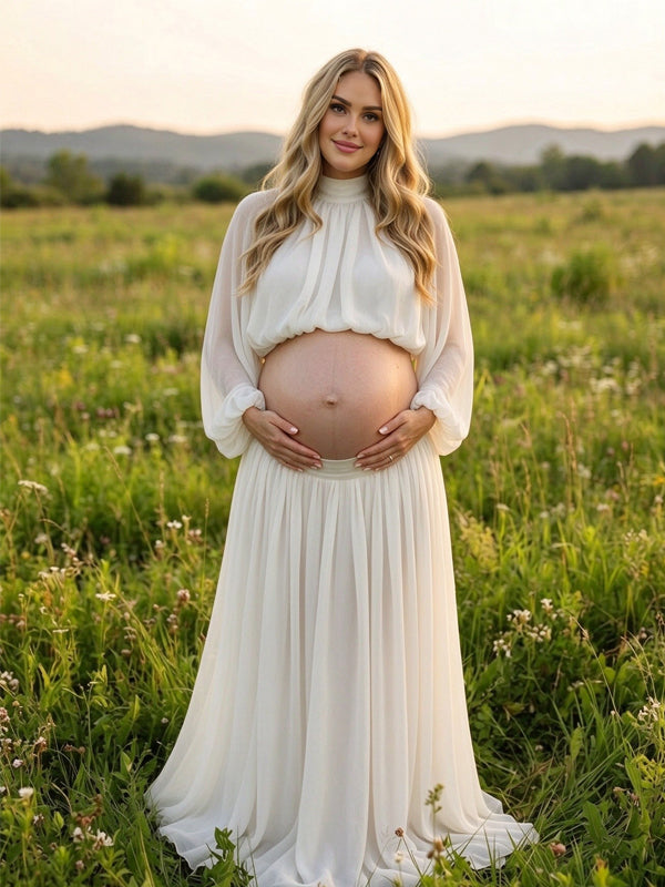 White Maternity Maxi Dress with High Neck and Open Back and 2-in-1 Design and Maxi Fit, Photoshoot