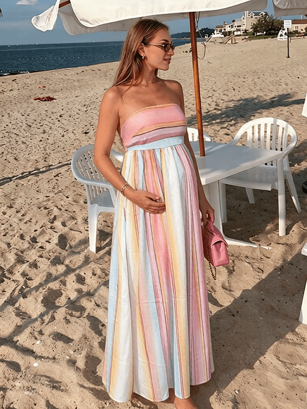 Momyknows Chic Pink Colorful Striped A-Line Flowy Bandeau Vacation Beach Maternity Maxi Dress - Pink - 3