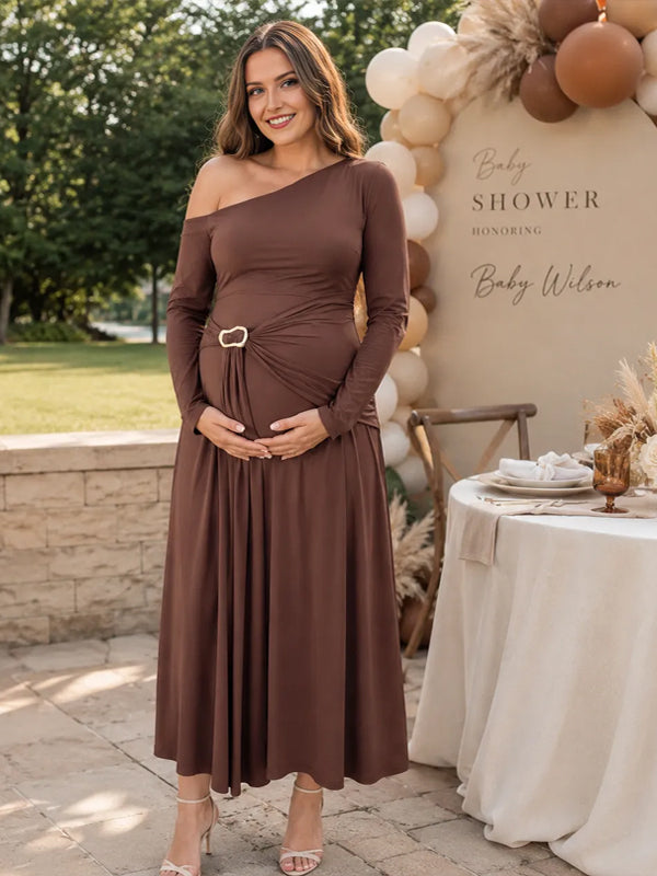 Brown Ruched Maternity Maxi Dress with Oblique Shoulder Detail and Elegant Fit, Baby Shower Occasion