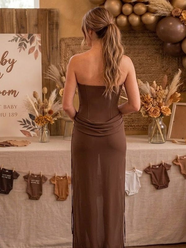 Momyknows Elegant Brown Lace Up Backless Splicing Ruched Baby Shower Maternity Maxi Dress - Brown - 3