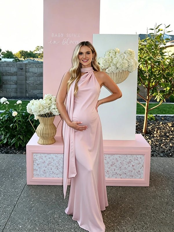 Momyknows Wrap Halter Neck Backless Bodycon Elegant Maternity Photoshoot Maxi Dress, Green / S