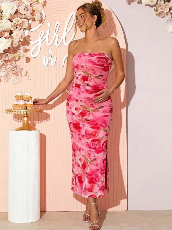 Momyknows Chic Pink Floral Bandeau Bodycon Side Slit Baby Shower Maternity Maxi Dress