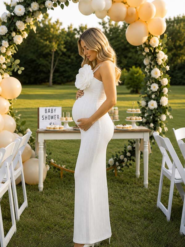 Momyknows White Ruffle Lace Spaghetti Strap Backless 3D Big Flowers Maternity Baby Shower Maxi Dress - White - 3