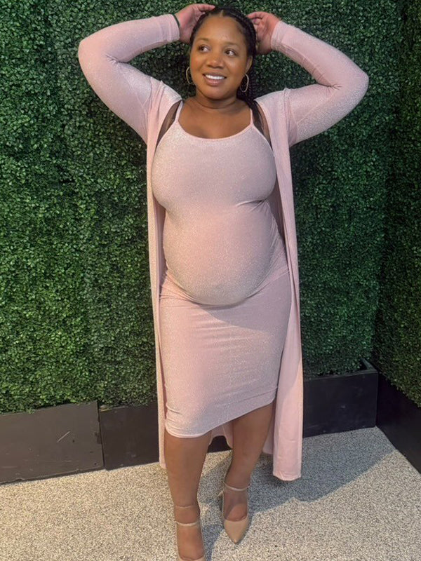 Momyknows Pink Bright Wire Long Sleeve 2-in-1 Glitter Bodycon Party Cute Baby Shower Plus Size Cardigan Set Maternity Midi Dress