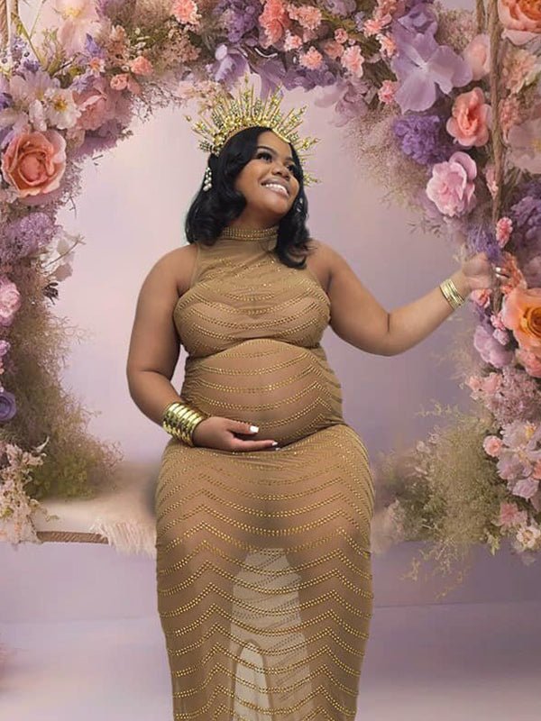 plus size maternity maxi dress Chiffon Double Skirt Off-Shoulder Sheer this dress is comfortable and stylish in equal measure Momyknows Gold Rhinestone Mesh Sleeveless