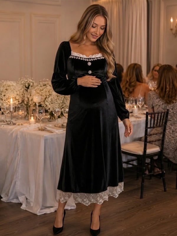 Black Lace Maternity Midi Dress with Spliced Design and Button Detail and Elegant Silhouette