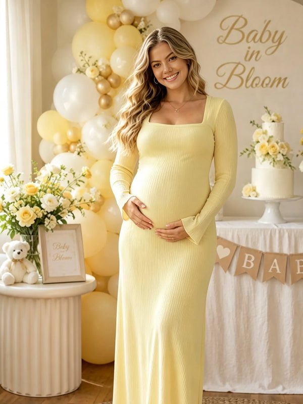 Momyknows Yellow Long Sleeve Lace-up Square Neck Solid Color Maternity Baby Shower Midi Dress - Yellow - 1