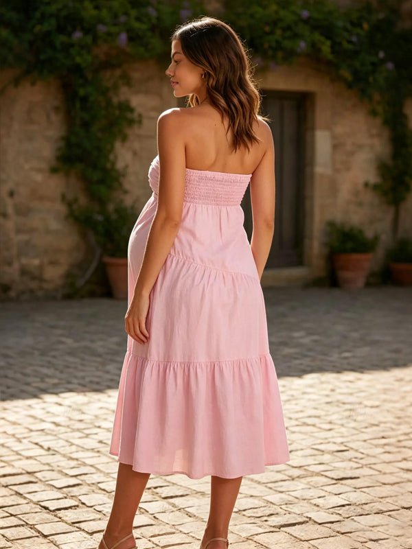 Momyknows Bandeau Knot backless Solid Color Photoshoot Maternity Midi Dress - Pink - 3
