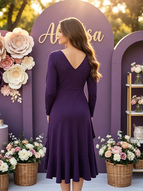 Purple Maternity Midi Dress with Asymmetrical Ruffles and Fitted Silhouette