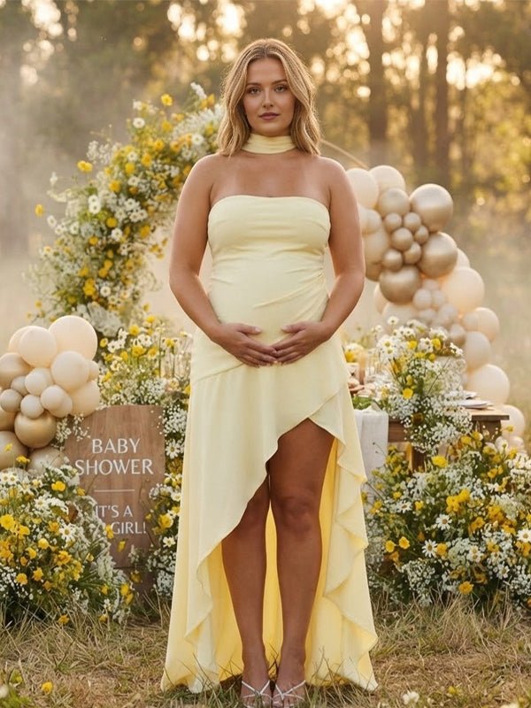 Momyknows Print Ruffle Ribbon Side Slit Bodycon Maternity Baby Shower Maxi Dress - Yellow - 2