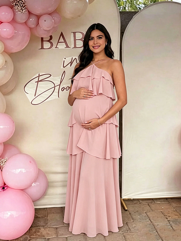Momyknows Ruffle Halter Neck Tie-Back Backless Relaxed Fit Flowy Baby Shower Maternity Maxi Dress Momyknows Ruffle Halter Neck Tie-Back Backless Relaxed Fit Flowy Baby Shower Maternity Maxi Dress