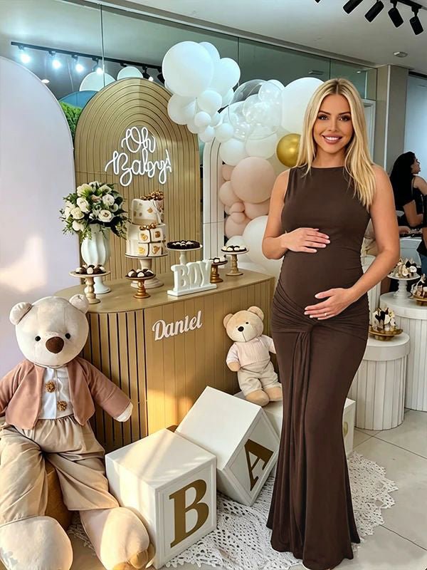 Momyknows Brown Halter Backless Slim Fit Solid Color Slit Elegant Baby shower Maternity Dress - Brown - 1