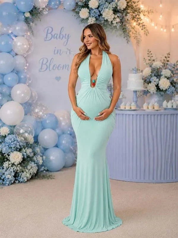 Momyknows Buff Ruffle Backless Halter Neck Lace-up Deep V-Neck Maternity Baby Shower Maxi Dress