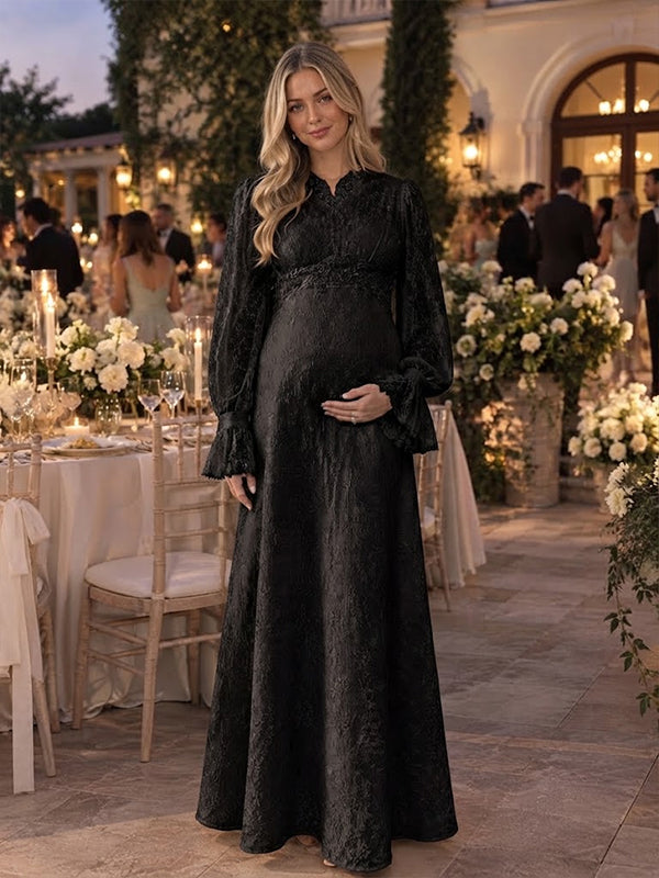 Black Lace Maternity Maxi Dress with Lace Up Design and Flare Sleeves and Flattering Silhouette, Photoshoot Style