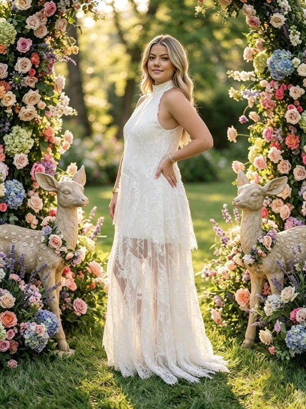 Momyknows White Lace Halter Neck Cut Out Splicing Photoshoot Maternity Maxi Dress - White - 3