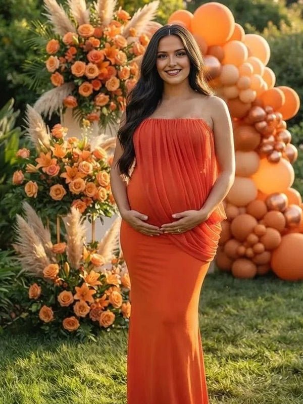 Momyknows Ruched Grenadine Irregular Bodycon Maternity Baby Shower Maxi Dress - Orange - 6