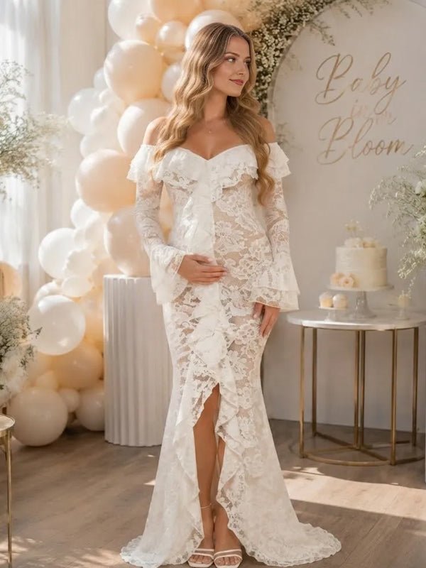Momyknows White Off Shoulder Ruffle Side Slit Lace Flare Sleeve Maternity Baby Shower Maxi Dress - White - 2
