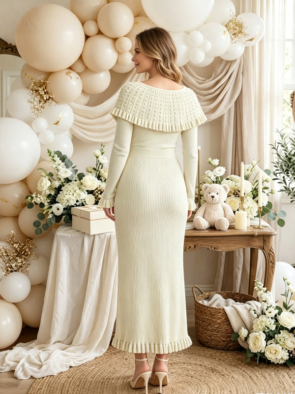 Apricot High-Waisted Maternity Maxi Skirt with Ruffle Details and A-Line Silhouette