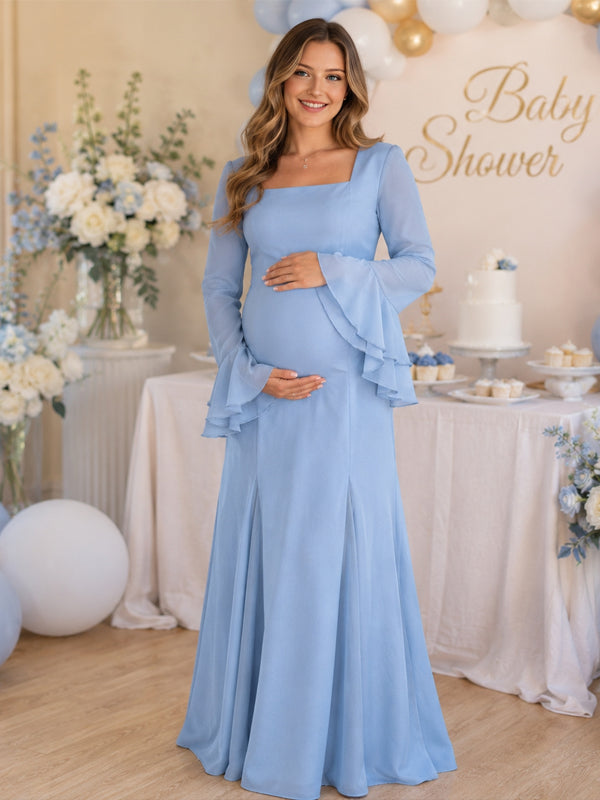 Blue Elegant Ruffle Maternity Maxi Dress with Flare Sleeves and Big Swing Silhouette, Baby Shower Occasion