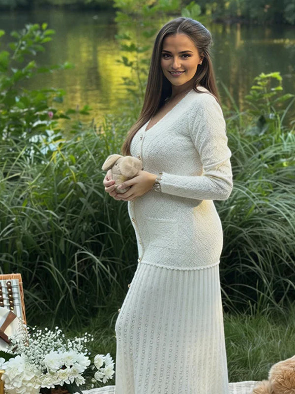 Momyknows White Single Breasted Crochet Pocket Maternity Sweater Photoshoot Maxi Dress