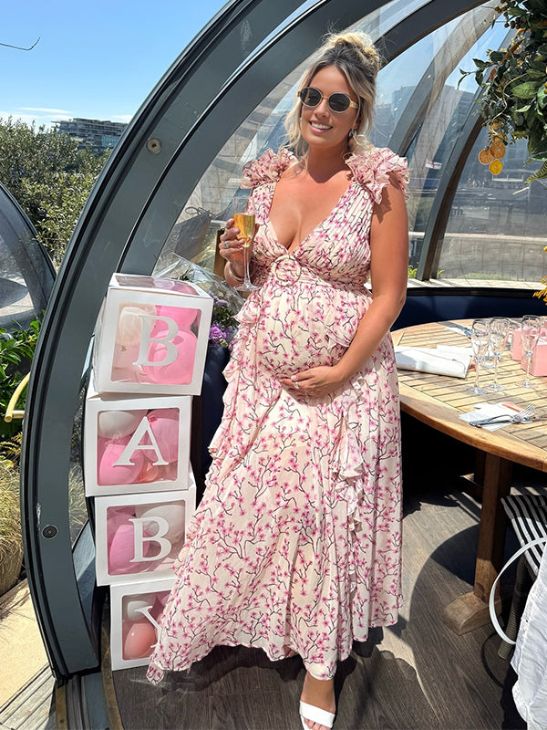 Momyknows Ruffle Tutu Cut Out Back Tie Deep V-neck Flowy Baby Shower Maternity Maxi Dress Momyknows Ruffle Tutu Cut Out Back Tie Deep V-neck Flowy Baby Shower Maternity Maxi Dress