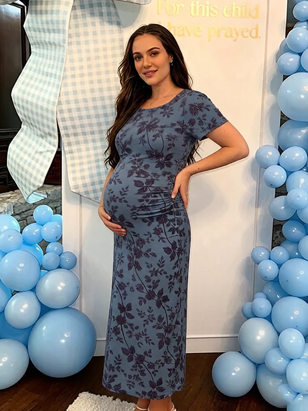 gender reveal blue dress Loomaby Maternity Solid Color Ruffled Square Neck Elegant Long Dress,Gender Reveal Dress,Baby Shower Dress,Maternity Dress,Blue Maternity Dress