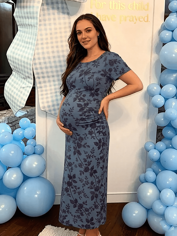Momyknows Chic Dark Blue Bodycon Mermaid Floral Baby Shower Maternity Maxi Dress