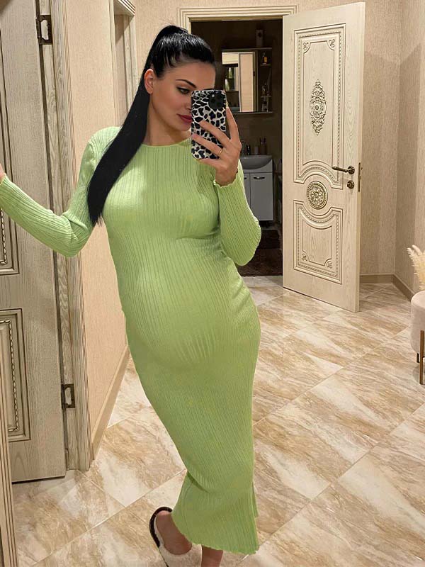 Momyknows Solid Color Long Sleeve Bodycon Daily Going Out Baby Shower Maternity Maxi Dress